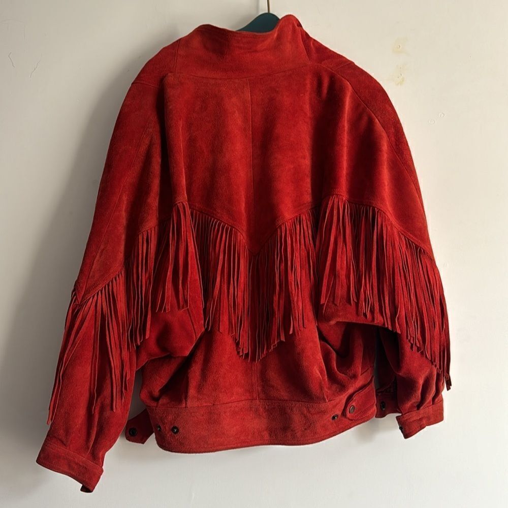 Vintage Winlit Western 100% Genuine Leather Suede Red Fringe Jacket L - Picture 5 of 12